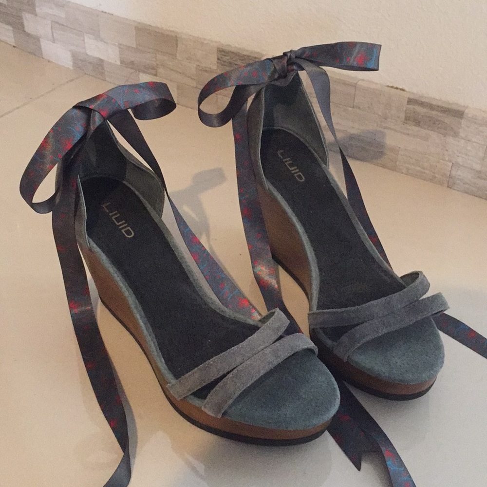 Liuid- ribbon tie/wood/wedges-women’s 6 - Picture 1 of 5